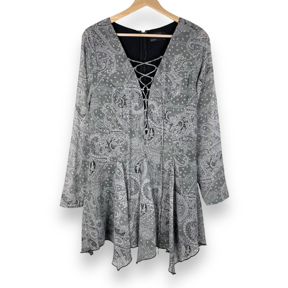 ASOS Dress 10 Black Paisley Whimsigoth Witchy Mini Lace Up Fairy Grunge Emo Boho